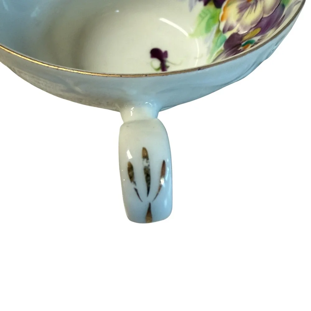 Princess China Occupied Japan Tripod Footed Teacup Saucer Hand Painted Pansy